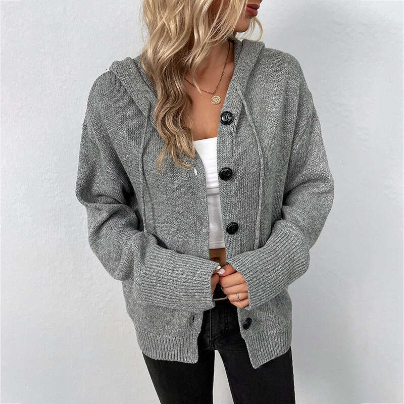 Solid Color Hooded Single-Breasted Cross-Border Sweater Women, New Autumn and Winter Drawstring Knitted Cardigan Coat for Women