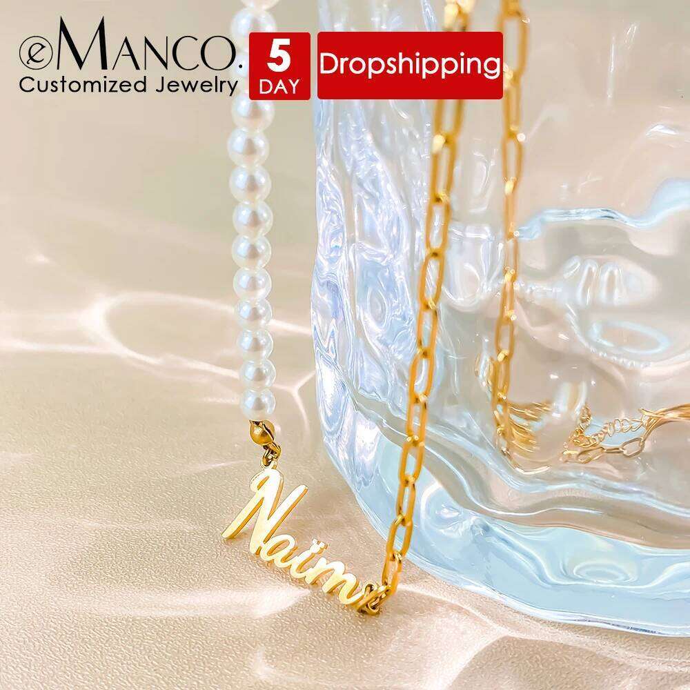 eManco Stainless Steel Imitation Pearl Mixed Chain Necklace Y2K Style Custom Name Element Pendant Fashion Jewelry