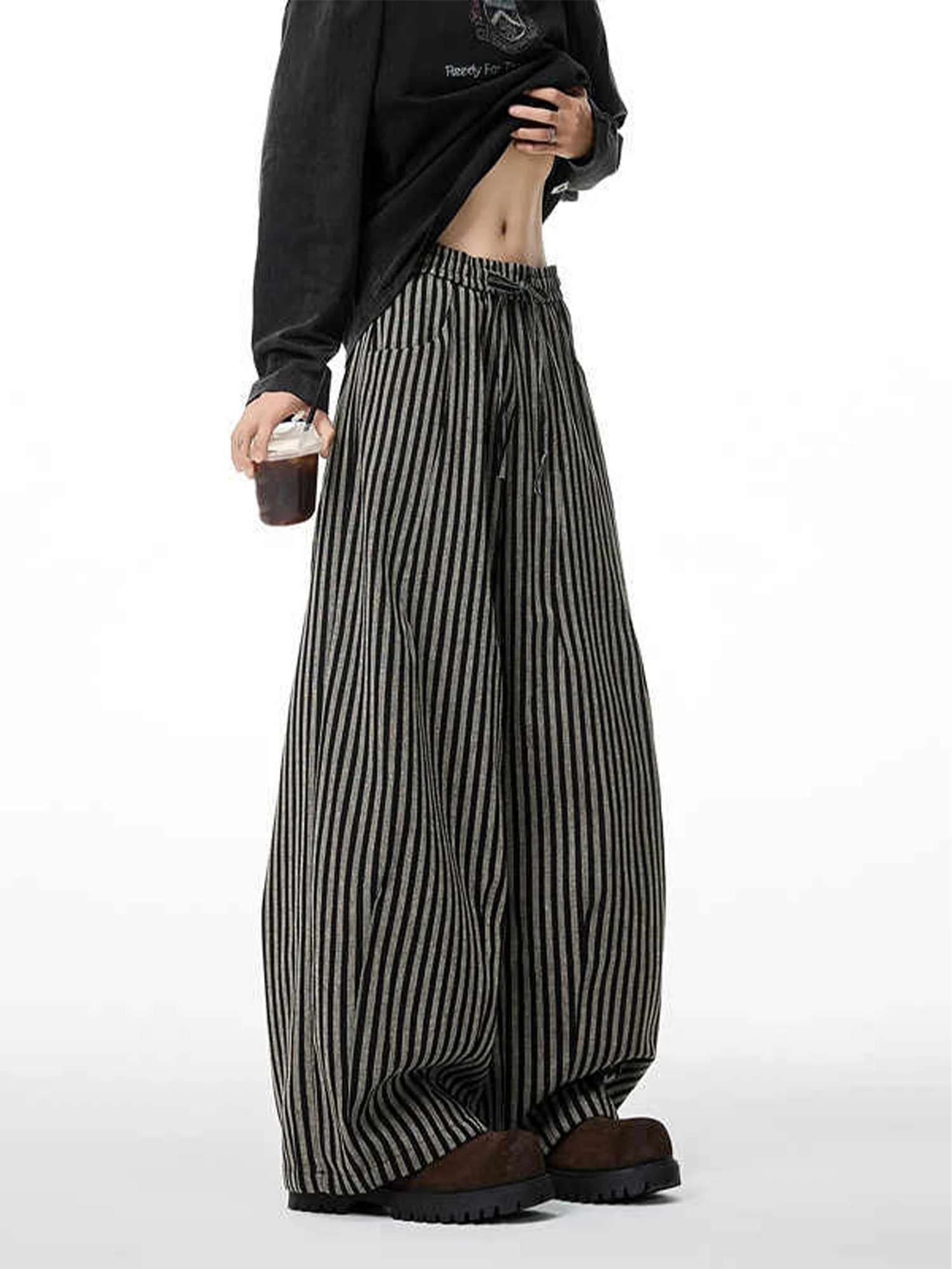 Womens Black Gothic Striped Long Pants Baggy Sweatpants Harajuku Y2k Emo Vintage Oversize Trousers Japanese 2000s Style Clothes 251226