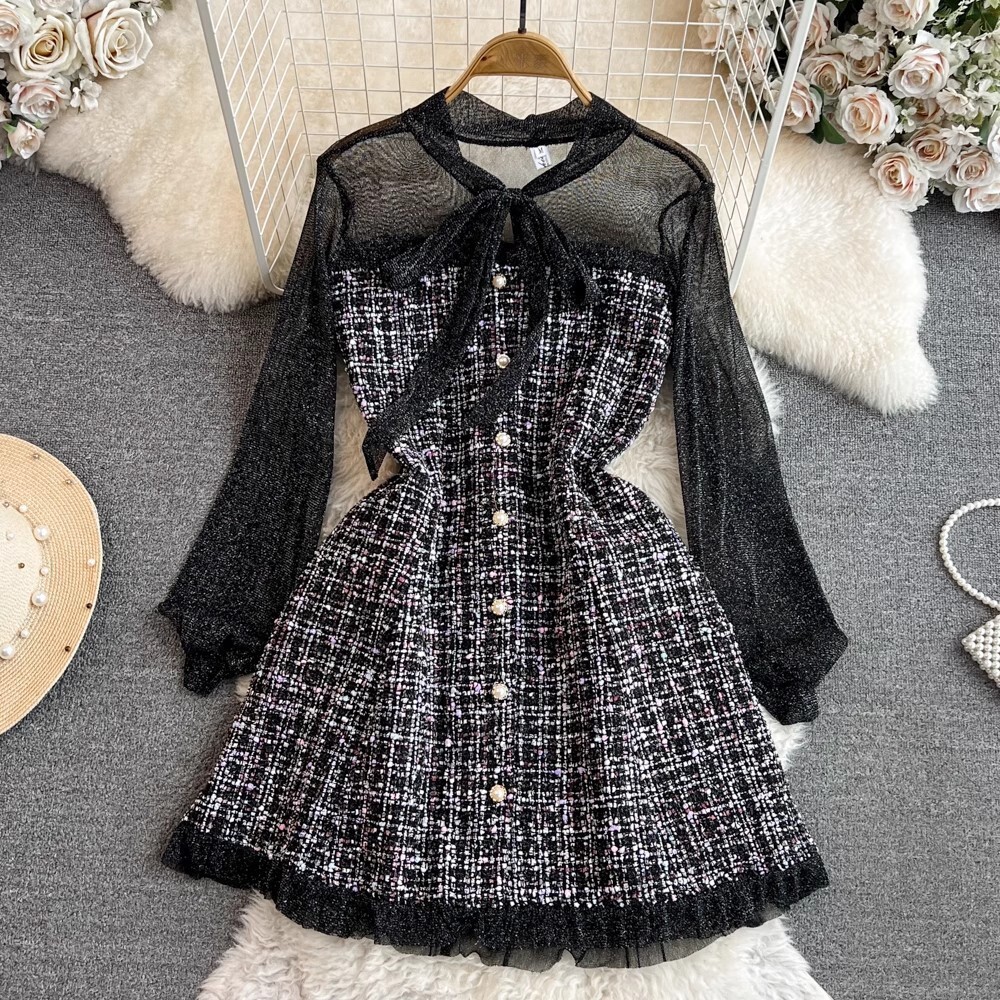 Urban Lady's Fall/winter Style Chic Fashion Socialite Elegant Mesh Material Long-sleeved Bow-neckline Waist Cinched Tight A-line Tweed Ladies