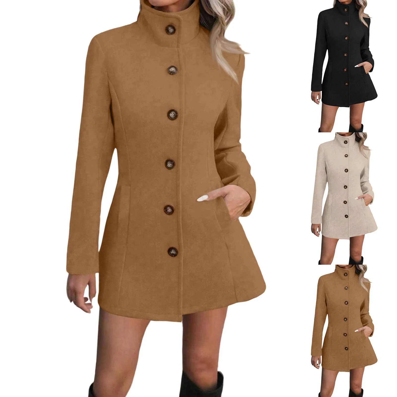 Womens Autumn Winter Turtleneck Woolen Coat Fashionable Casual Wool Overcoat Slim SingleBreasted Pocket Trench 251216