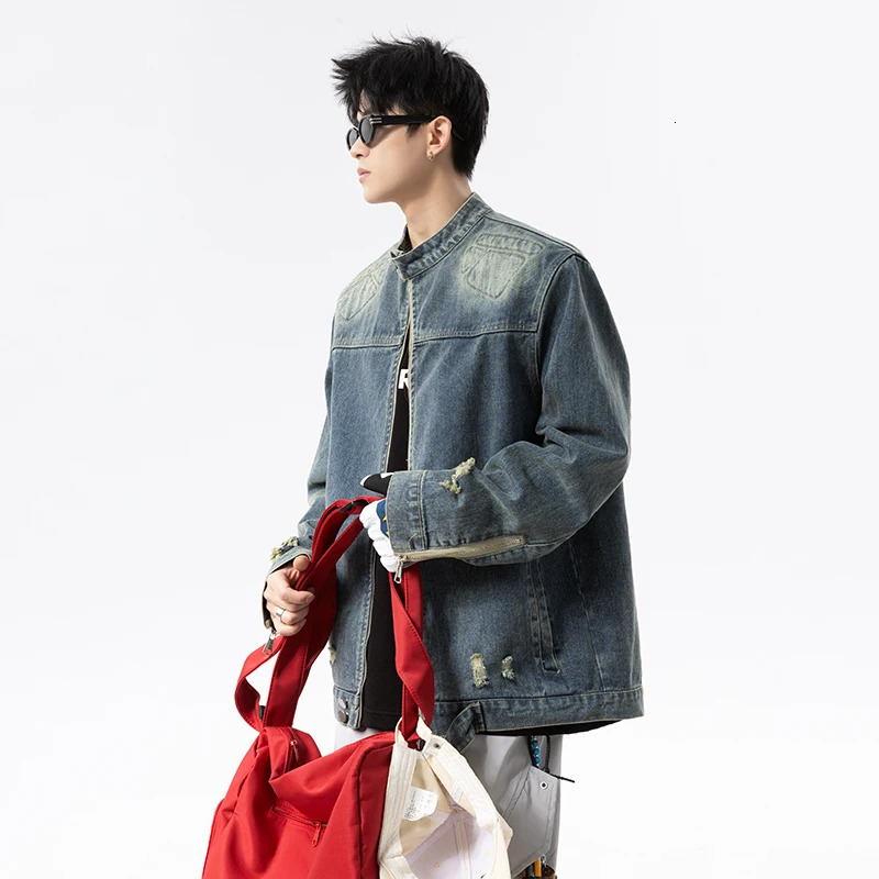 Men Cool Handsome Stand Collar Moto Denim Jackets Slim Fit PU Coats High Quality Male Punk Style Casual Zip 251230