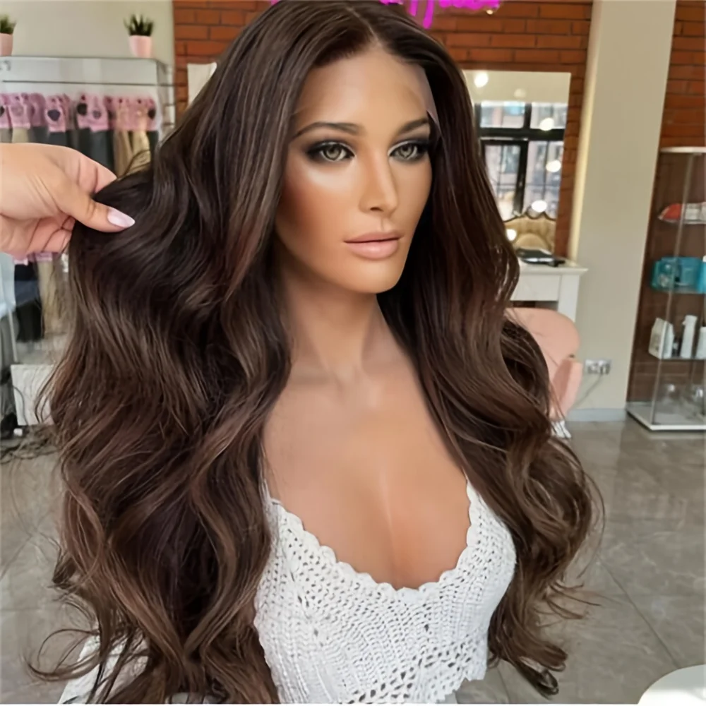 Burnette balayage natural human hair wigs fow women loose wavy full lace front wig with low highlights real hair 150%