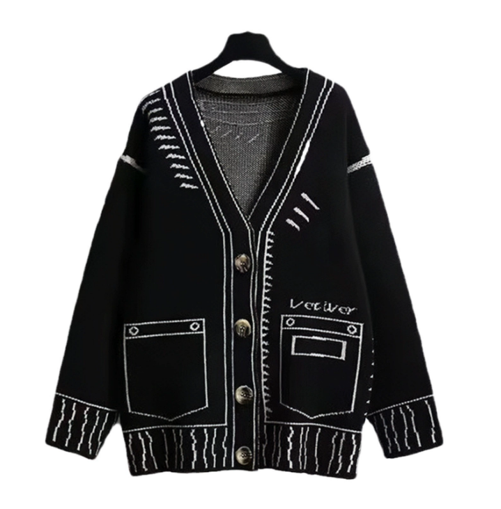 Cat Ning autumn and winter new European and American sweater black and white silhouette jacquard loose lazy style knitted women's cardigan