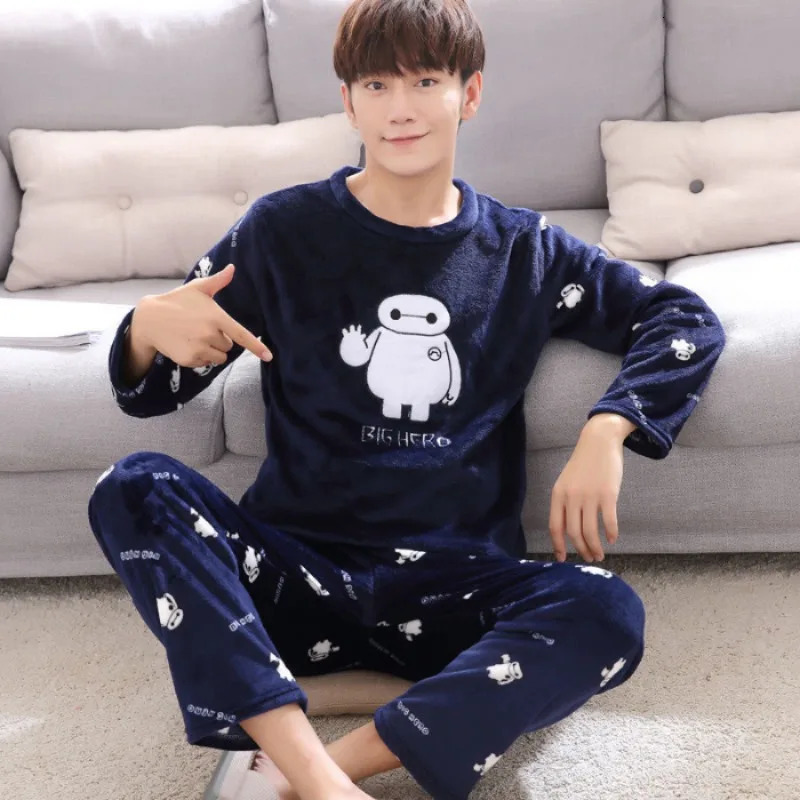 Autumn Winter Coral Fleece Pajamas for Man Round Neck Long Sleeve Lounge Sets 2 Piece Fashion Printing Home Suit 251231