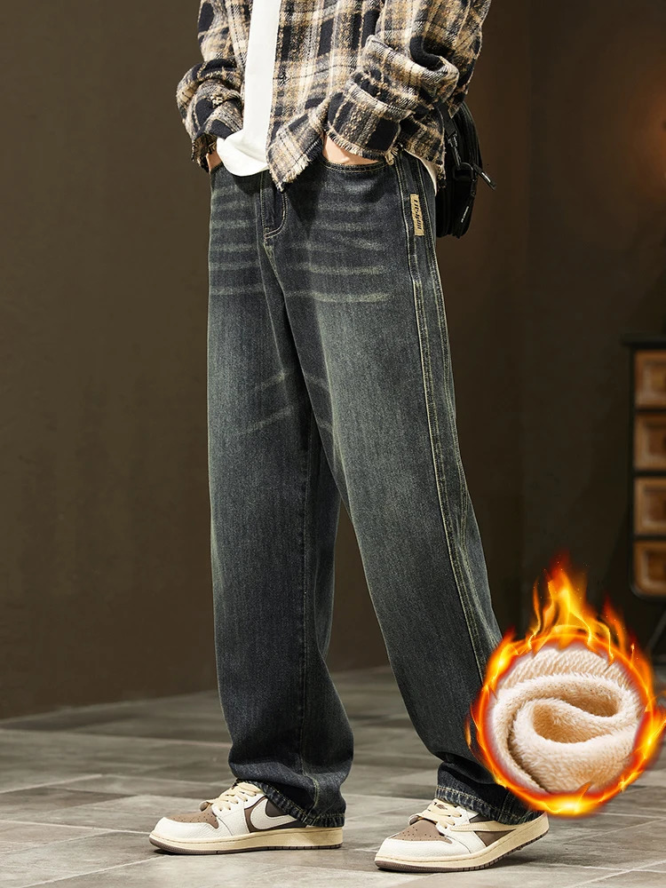 Winter Warm Fleece Jeans Mens Thickened Loose Wideleg Denim Pants Vintage Wash Casual Straight Velvet Trousers Streetwear 251226