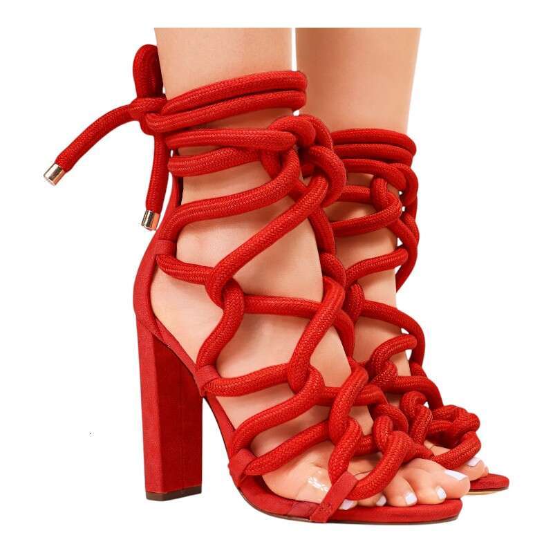 Women Chunky Rope Lace Up High Heel Sandals MOJIDASHU