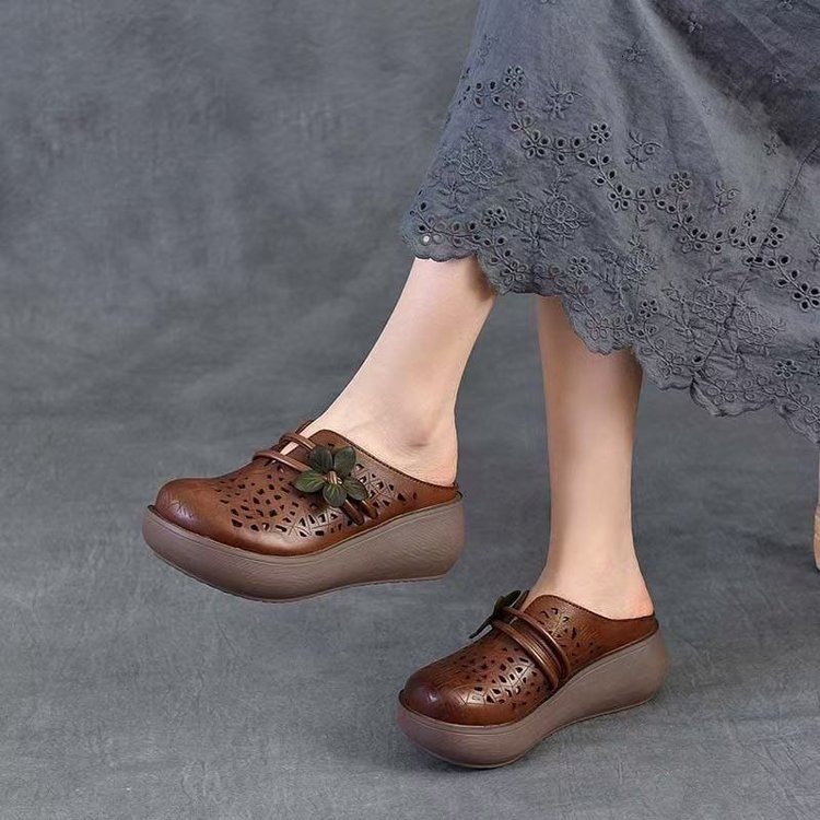 Ddmysports Hollow Retro Soft Leather Half For Women Summer New Thick Soled Flower Outdoor Closed Toe Clog Slippers Outdoor Shoes