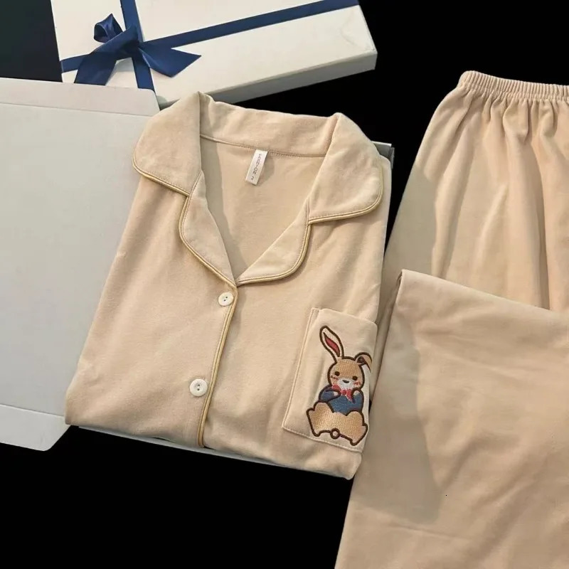 Embroidery Rabbit Sweet Cute 2 PC Set Womens Pajamas Casual Warm Autumn Winter Sleepwear Woman Fashion Soft Loungewear 251231