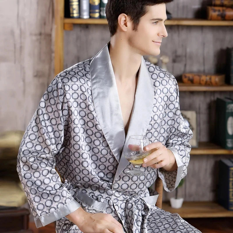 Men Bath Robe Satin Print Gold Kimono Bathrobe Silk Long Dressing Gown Plus Size Sleepwear Geometric Lounge Nightgown XL 4XL 5XL 251231