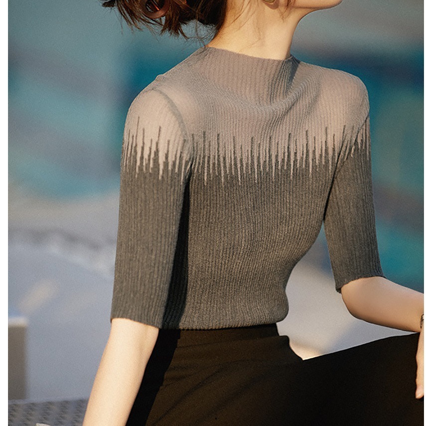 2024 Spring Summer New Color-Block Gradient Womens T-Shirt Knitted Top Five-Sleeve Base Shirt Stylish Thin Top 210419