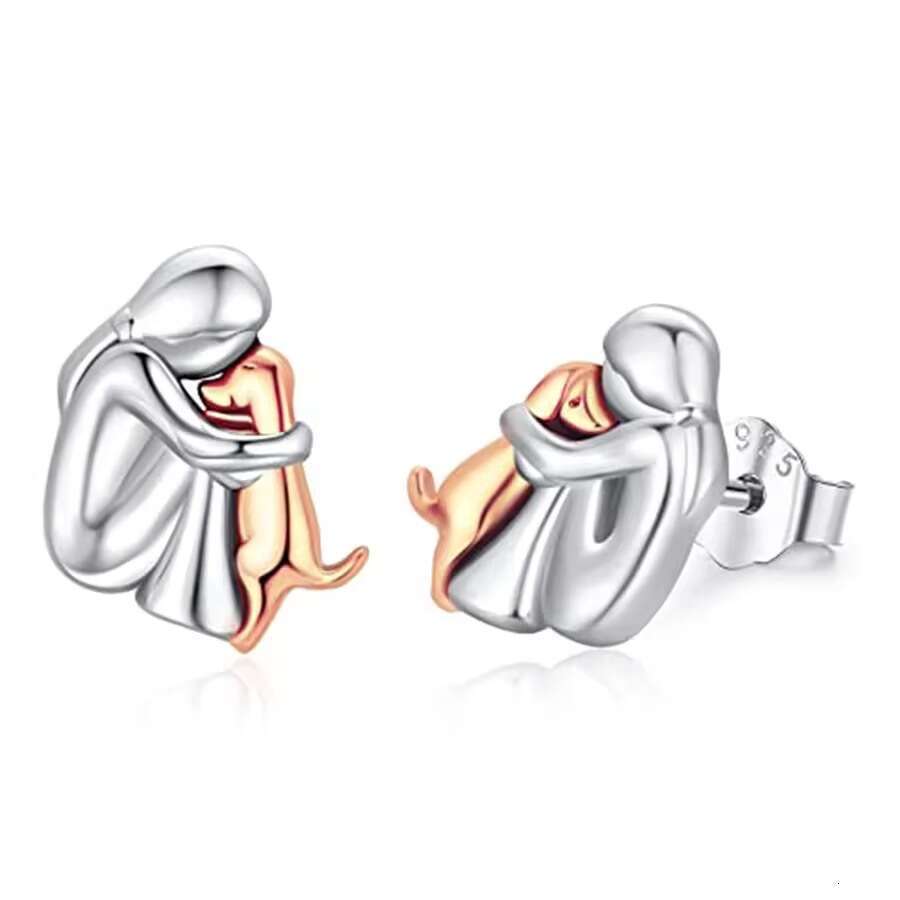 S925 Sterling Silver Girl Hugging Dog Earrings for Women Fashion Versatile Simple Cute Animal Pendant Jewelry