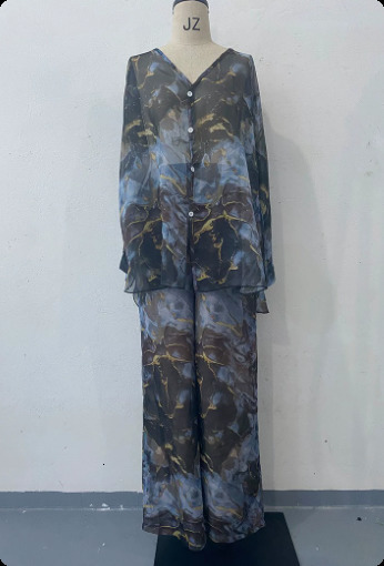 Retro Marble Print Loose Women Outfit Spring V Neck Button Blouse Shirt Pleated Pants 2pcs Autumn Long Sleeve Female Suits Set 240820