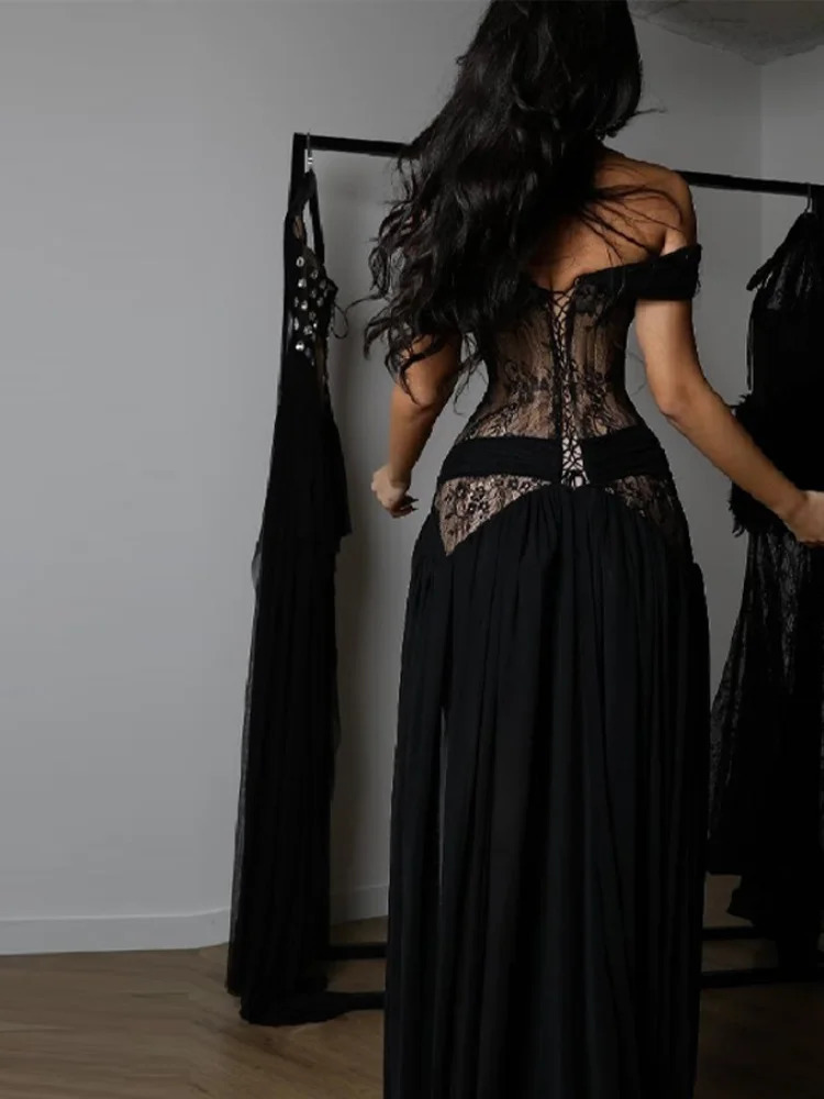 Elegant Lace Patchwork Slit Strapless Dress Sexy Off-shoulder High Waist Long Skirt Trendy Party Y2k Robe Gothic Style Gown 251230