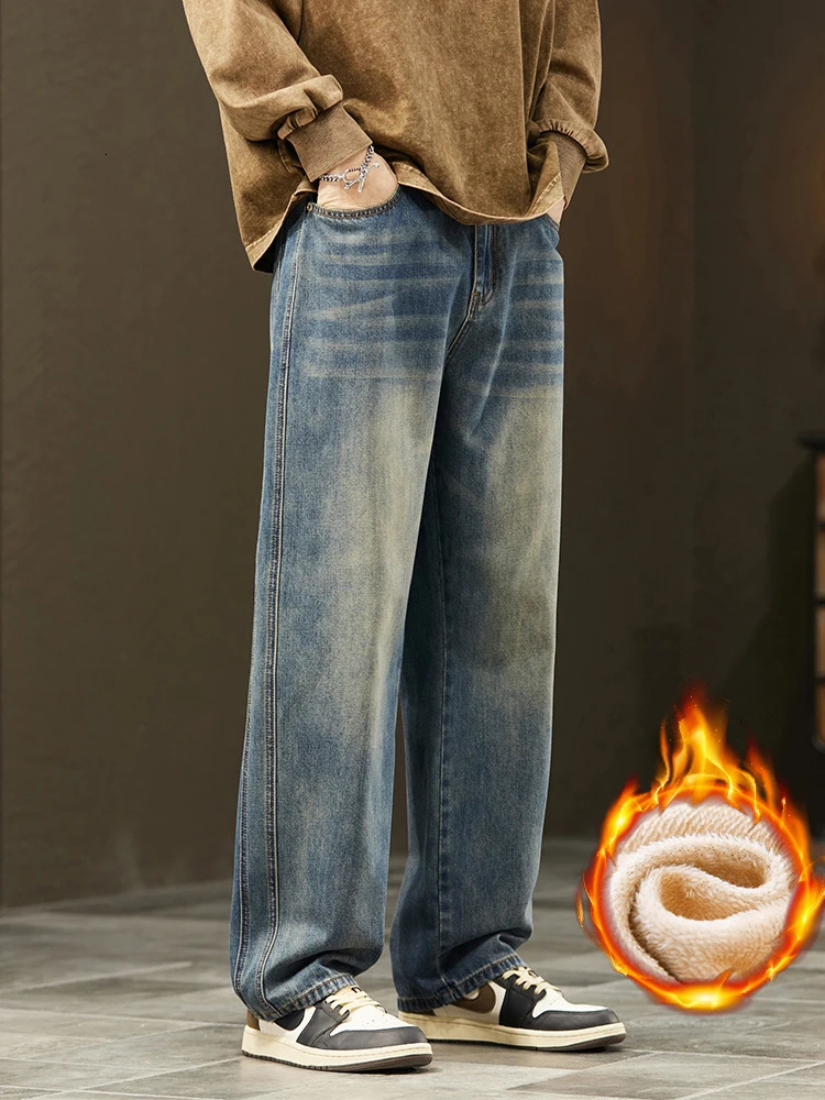 Winter Warm Fleece Jeans Mens Thickened Loose Wideleg Denim Pants Vintage Wash Casual Straight Velvet Trousers Streetwear 251226