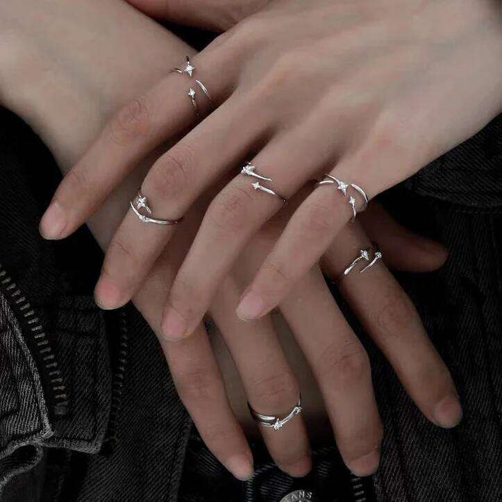 Real 925 Sterling Silver Zircon Star Line Cross Opening Rings for Women Cute Fine Jewelry Minimalist Personality Accessories