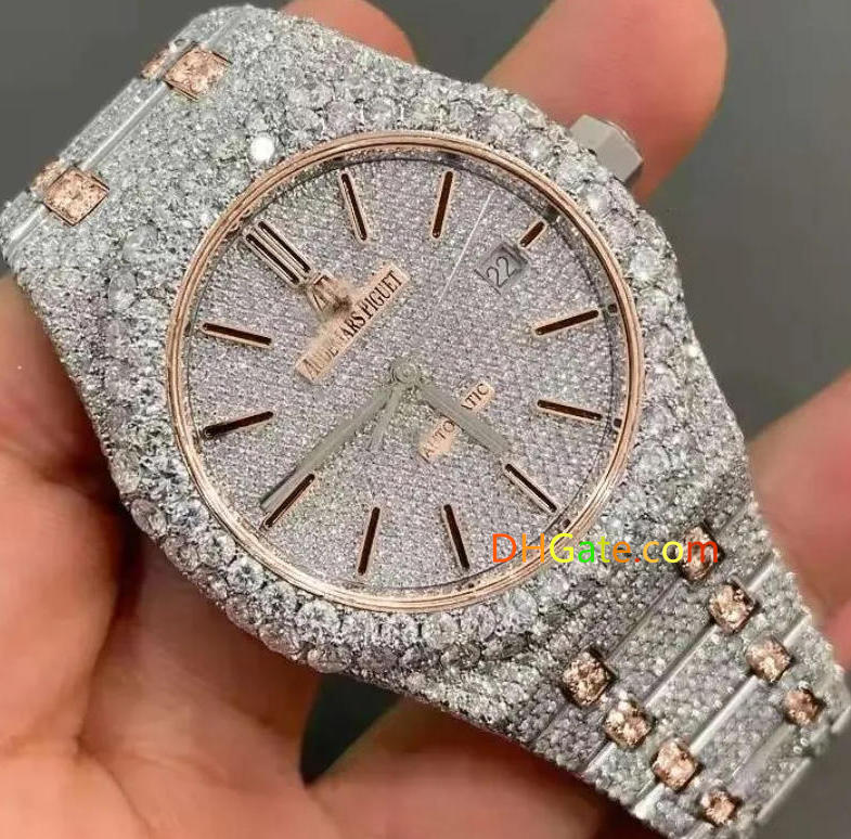 Moissanite Watch Full Iced Crystal Diamond Rhinestone Dial Ring Quartz Automatic Date Designer Men's Time Clock Stainless Steel Luxury Watches Dropship AAA Gifts