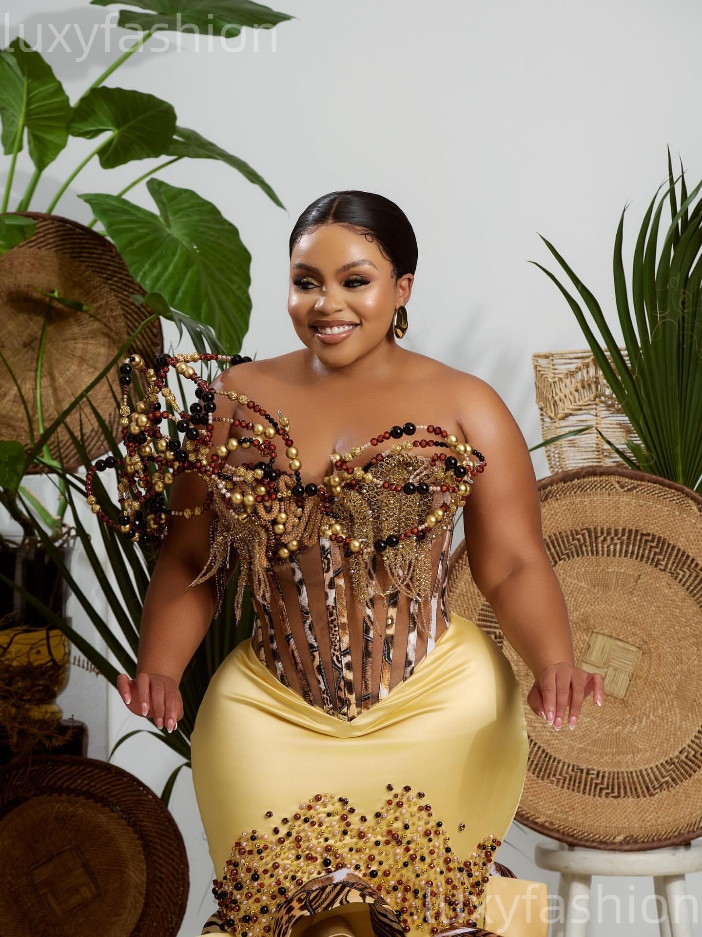 2026 Aso Ebi Gold Mermaid Prom Dresses Pearls Printed Satin Evening Formal Party Second Birthday Engagement Gowns Dress For Special Occasions