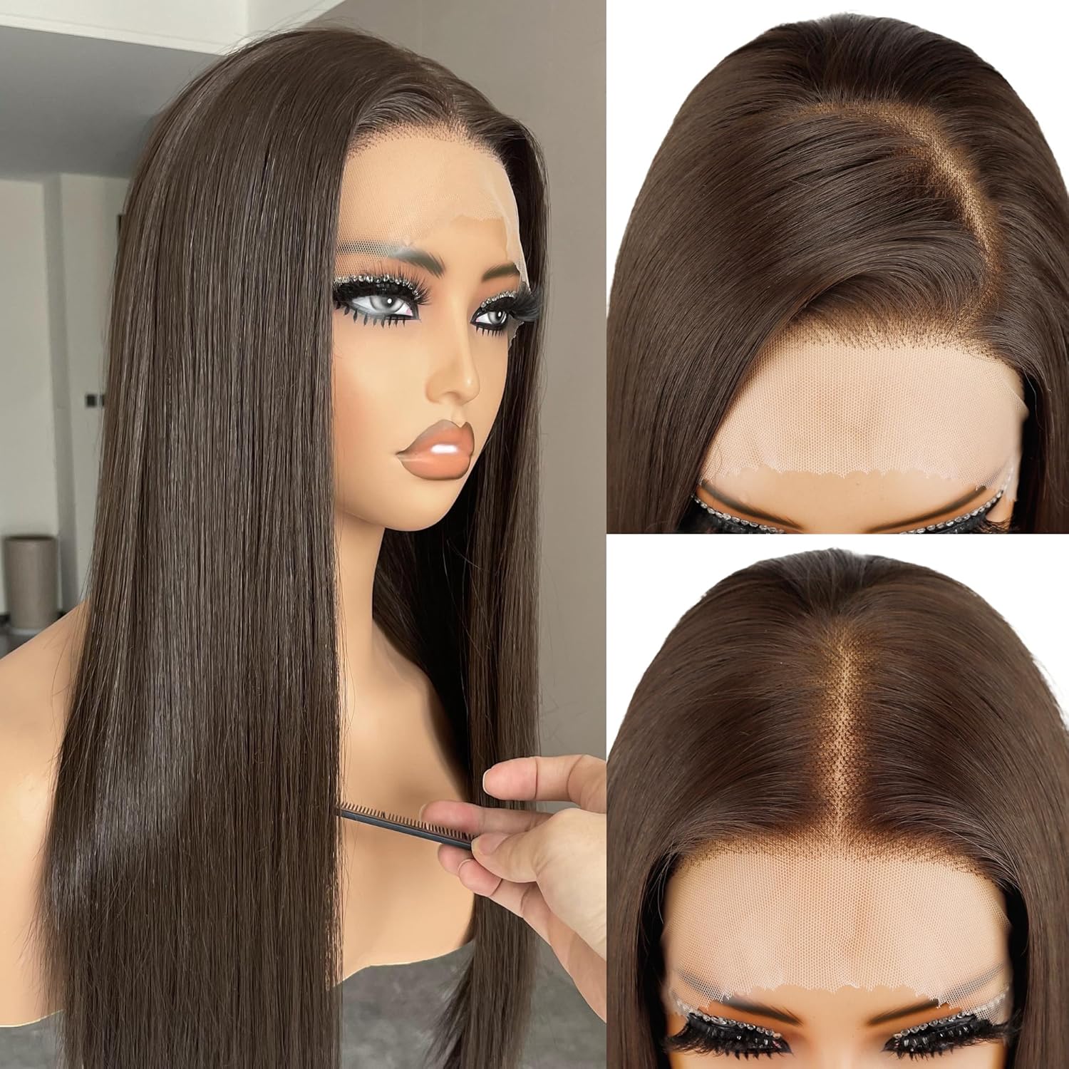 Premium European Hair transparent lace human hair wig Brown burnette balayage silky straight Lace Front Wig for girl