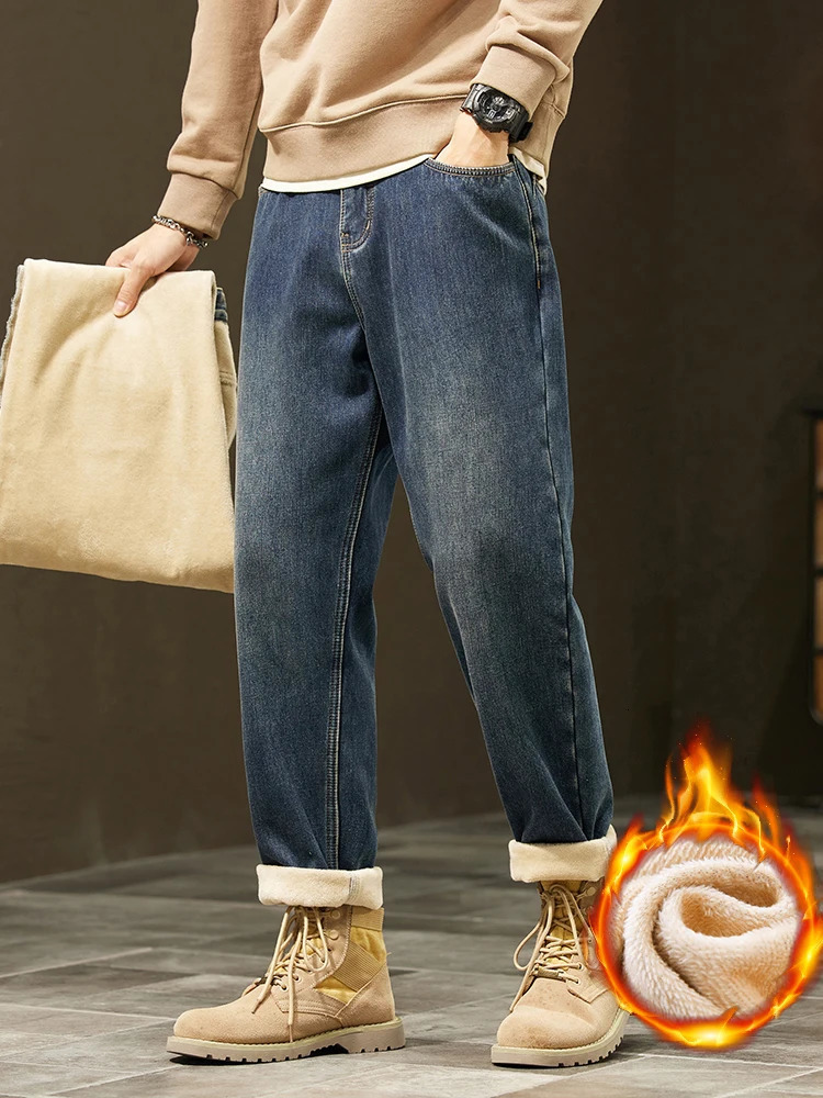 Retro Loose Winter Fleece Jeans Mens Warm Thicken Fashion Casual Denim Pants Comfortable Plush Velvet Thermal Male Trousers 251226