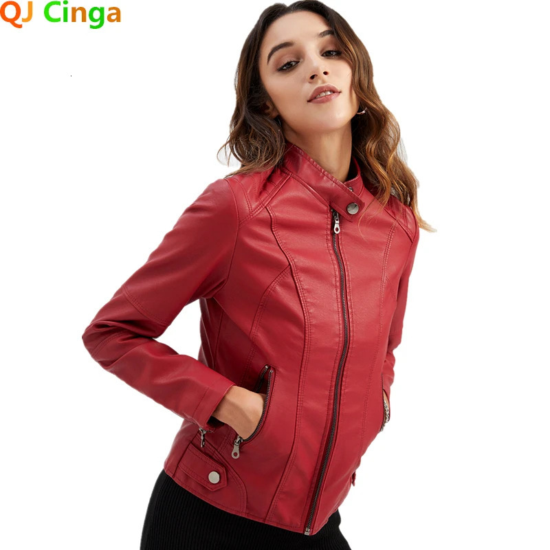 Red Womens PU Jacket Vertical Collar Zipper Motorcycle Leather Coats Fashion Casual Coat Female Outerwear Black Purple Top 251216