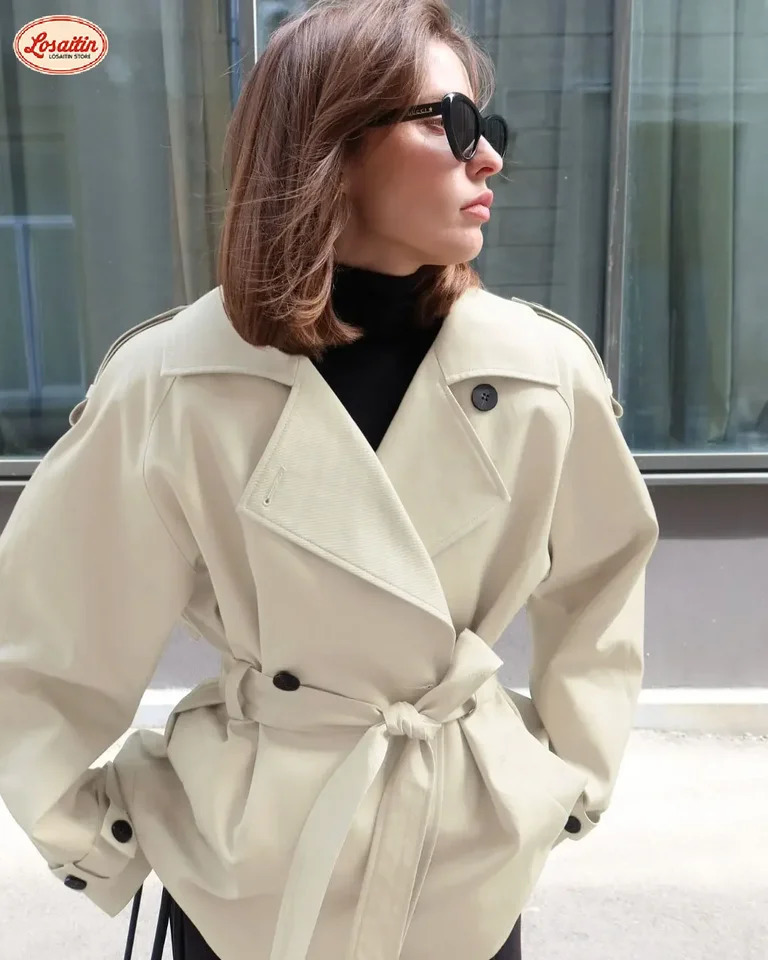 Women Solid Lapel Single Breast Short Jacket Long Sleeve Belt Button Lace Up Cropped Trench Coat Lady Casual Fall Daily Wear 251226