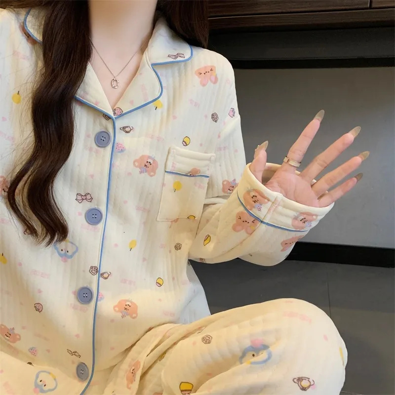 TwoPiece Set Ladies Pajamas LongSleeved Cartoon Sweet Cute Print Cardigan Home Wear Simple Sleepwear Winter Autumn 251231
