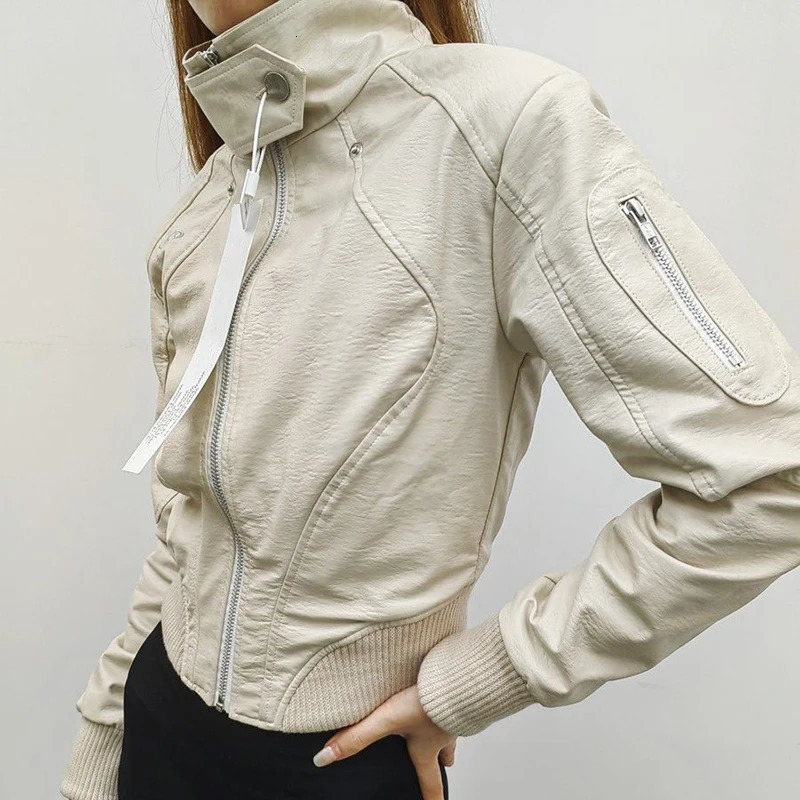 Women Vintage American Pu Leather Jacket Motorcycle Stand Collar Long Sleeve Outwear Harajuku Y2K Slim Punk Zip Cropped Coat 251205