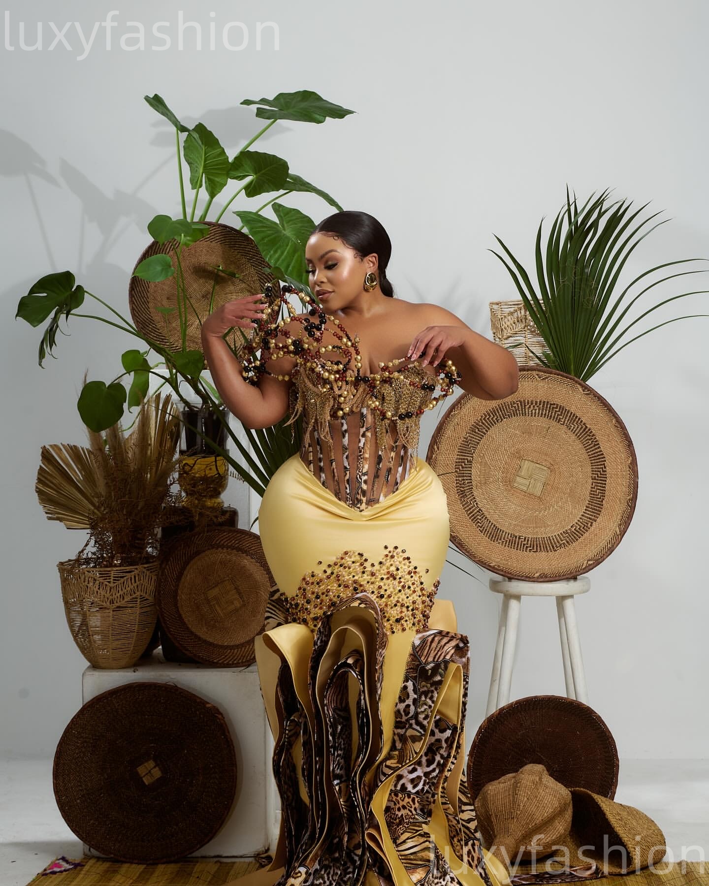 2026 Aso Ebi Gold Mermaid Prom Dresses Pearls Printed Satin Evening Formal Party Second Birthday Engagement Gowns Dress For Special Occasions