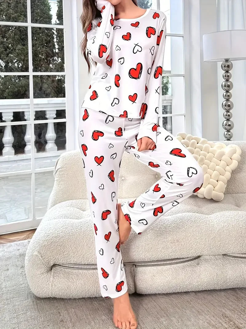 Women Autumn Winter Sleepwear Heart Print Knitted RoundNeck Loose Tops and Elastic Long Pants Pajama Set Loungewear 251231