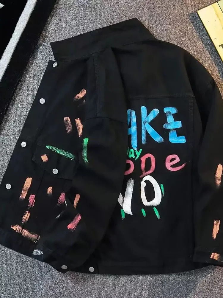 Autumn and Spring Fashion Trend Printed American Vintage Black Denim Jacket Mens Casual Loose Sports Plus Size Coat M3XL 251230