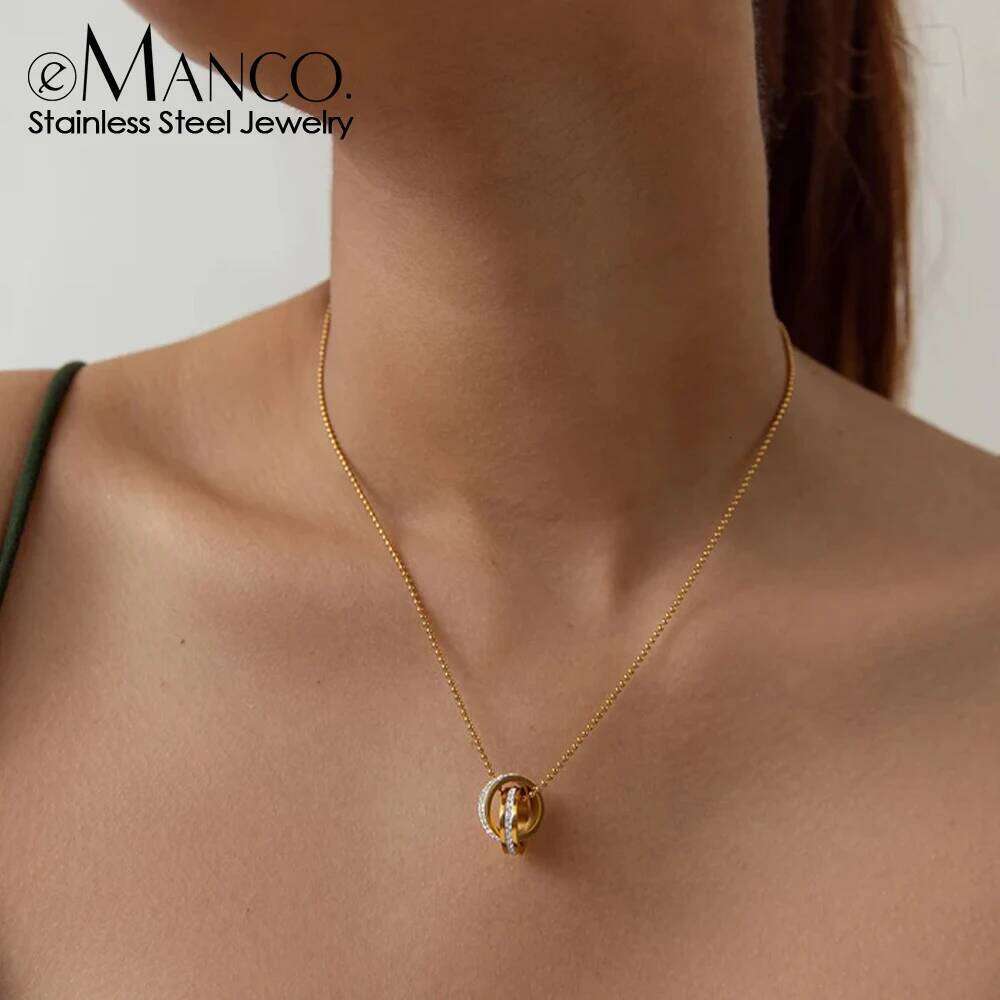 eManco Stainless Steel Gold-Plated Pendant Double Ring Collar with rhinestones Ladies Necklaces 48 Hour Shipping