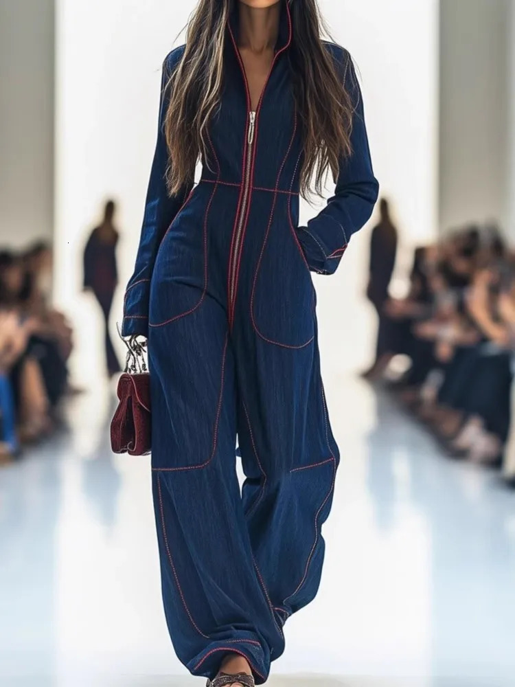 Womens Fashion Trend Casual Jumpsuit Autumn And Winter British Style Zipper Slim Vneck Solid Color Large Pocket Pants 251226