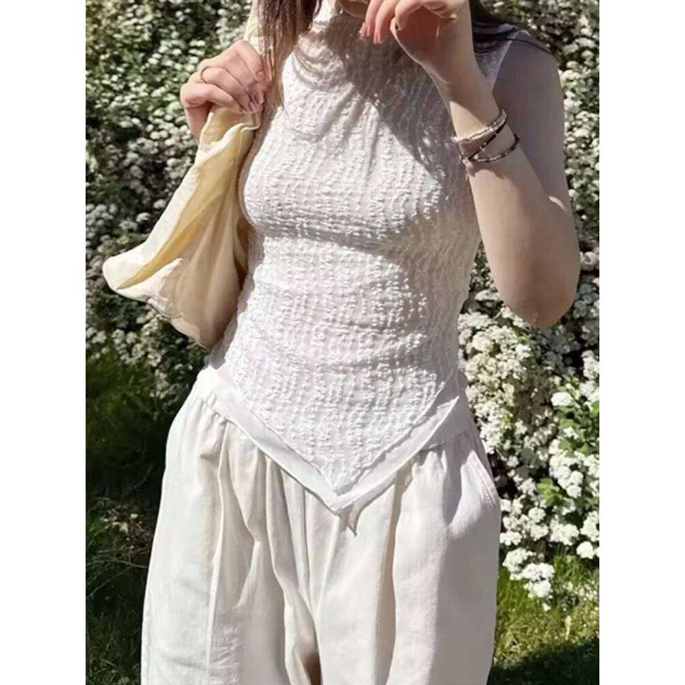 Women's T-shirt, monochrome irregular sleeveless basic vest, Gothic casual club aesthetic clothing, streetwear