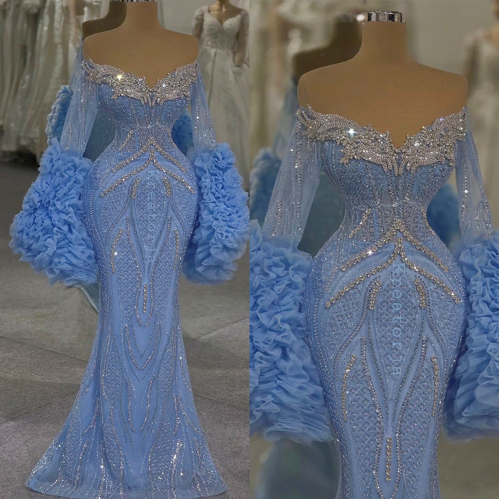 Gorgeous Mermaid Evening Dresses For Women Sweetheart Neck Long Sleeves Gown Crystal Sequins Sweep Train Dress Party Customized Dress