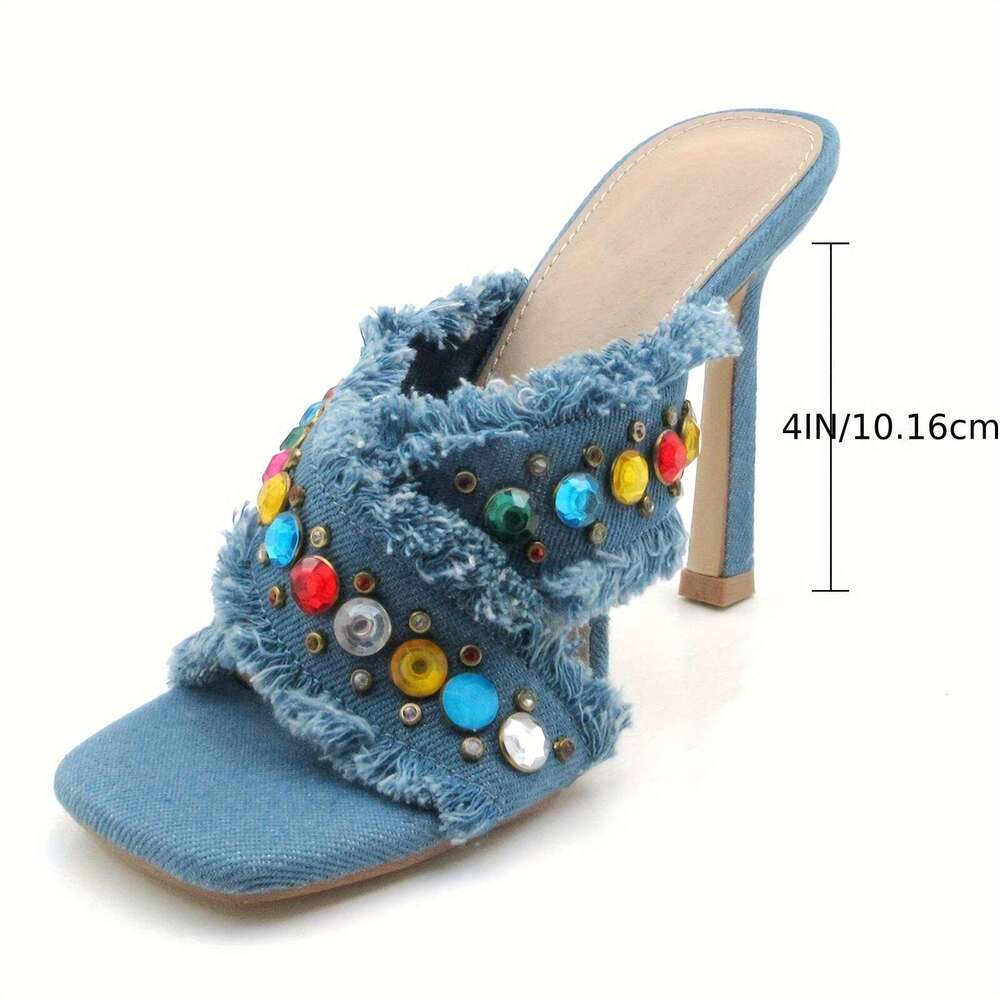 GLAZE Women S Denim Slip On Open Toe Stiletto Heels With Crossover Straps Hollow Design Fish Mouth Style Slingback Sandals For Evening Dresses Parties
