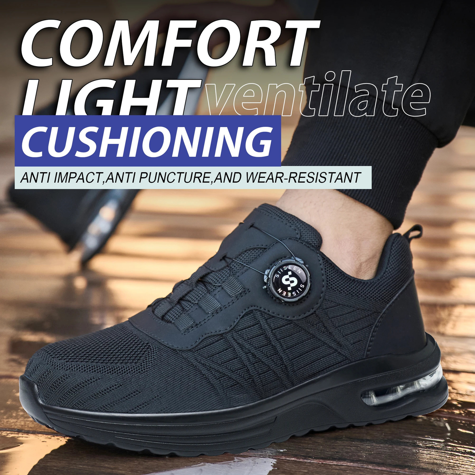 Mens Safety Shoes Steel Toe Anti- Crush Puncture Resistant Pure Black Button Air Cushion Lightweight Work Shoes 251226