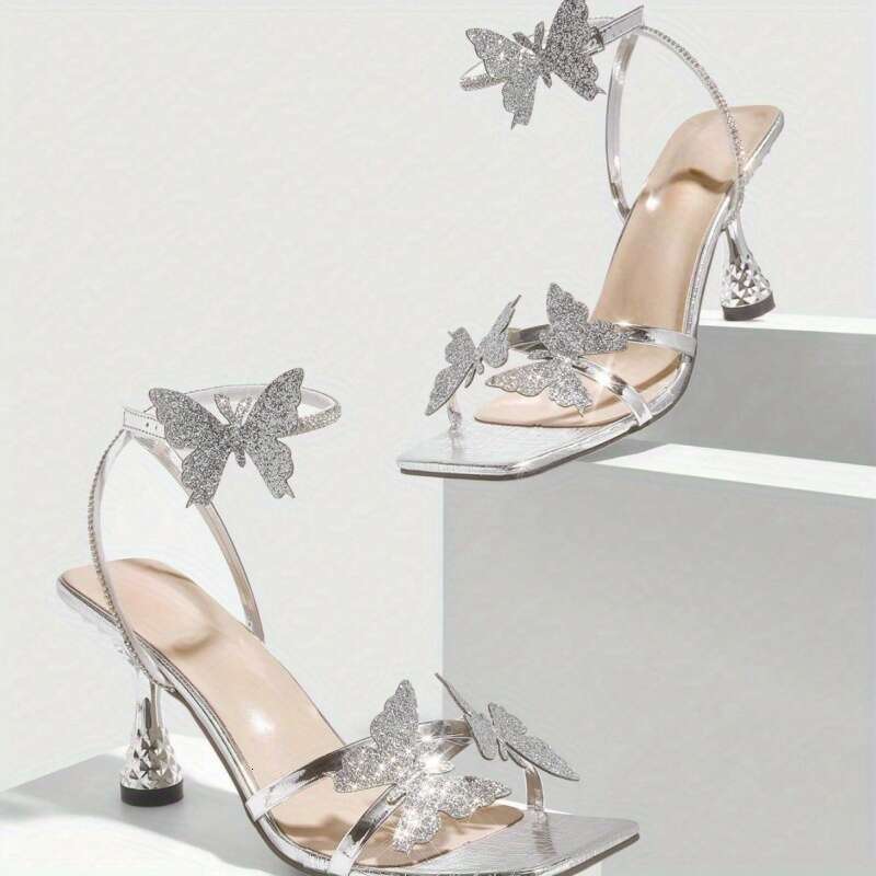 Elegant Silvery Sandals Women Round Three Dimensional Flower Design High Heel Pointed Toe Buckle Closure Non Woven Fabric Upper Perfect For Parties MO