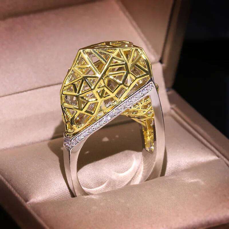 Exaggerated Ladies Engagement Fashion Gold and Silver Colored Geometric Hollow Big Ring Party Boy Jewelry