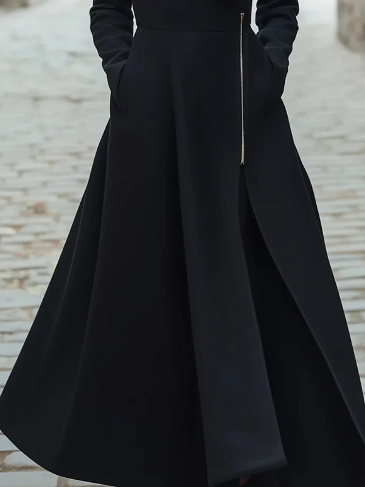 Freeacy 2025 Womens Black Elegant Long Trench Coat Wide Notch Collar SideZippered Sleeves Slim Fit Dress Outerwears 251231