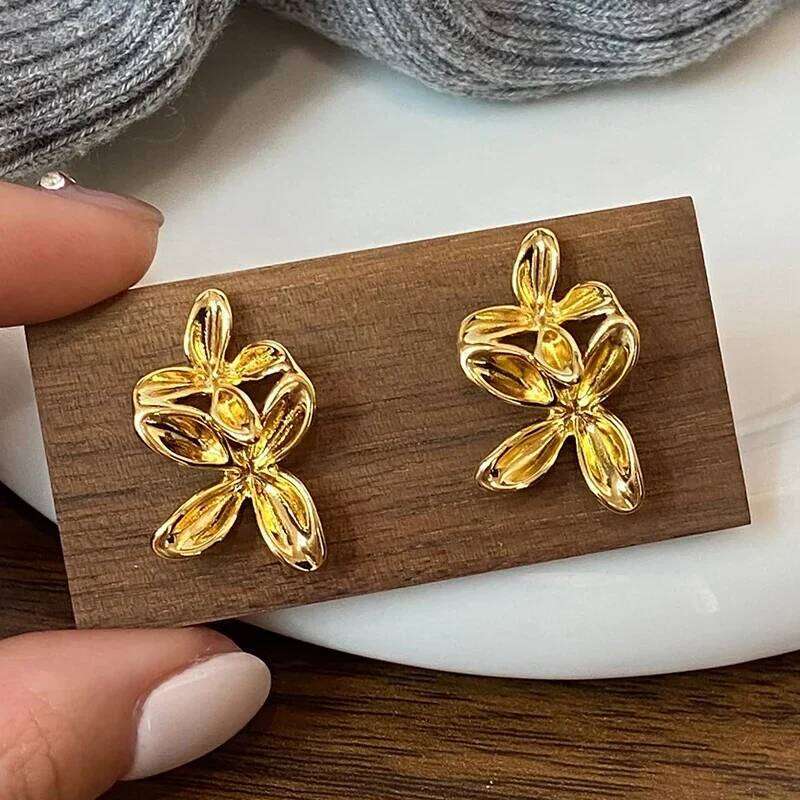 Real 925 Sterling Silver 18K Gold Flower Stud Earring for Women Exaggerated Plant Fine Jewelry Minimalist Trendy Accessory