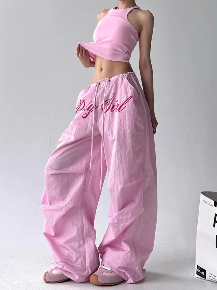 Pantalones Casuales Pink Embroidered Casual Pants For Women Loose And Comfortable Straight Elastic Waist Trousers 2025 251226