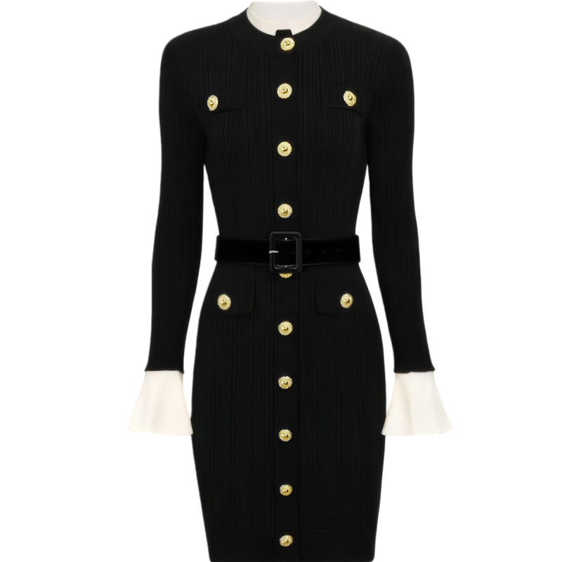 2026 Autumn/winter New Style Urban Sexy Women's Dress - French Style Elegant Model - Round Neck Long Sleeve Single Button Form-fitting Close-fitt
