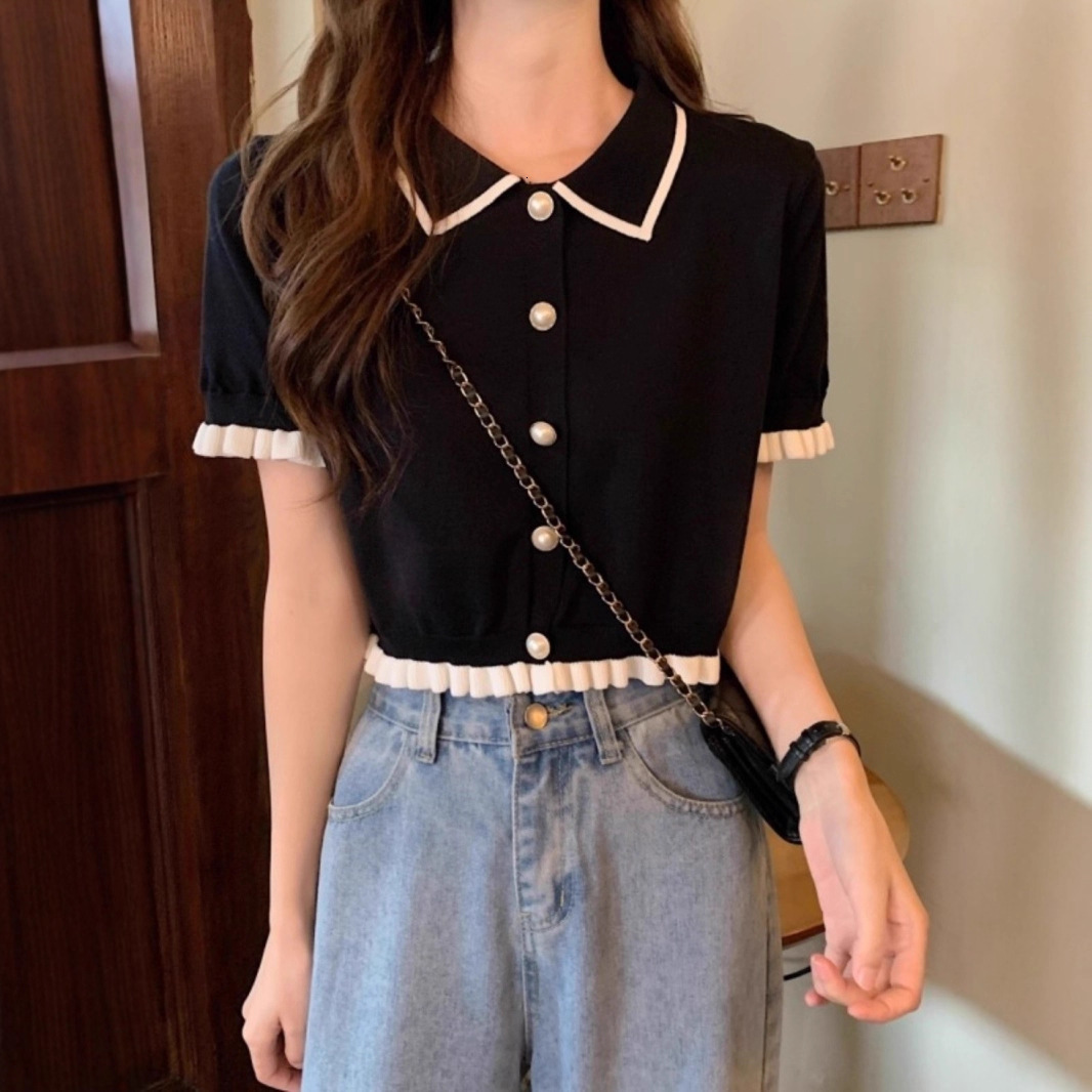Solid Color Niche Sleeve T-Shirt For Women 2025 Summer Short Knitted Top With Design Sense Versatile Trendy Ins Style