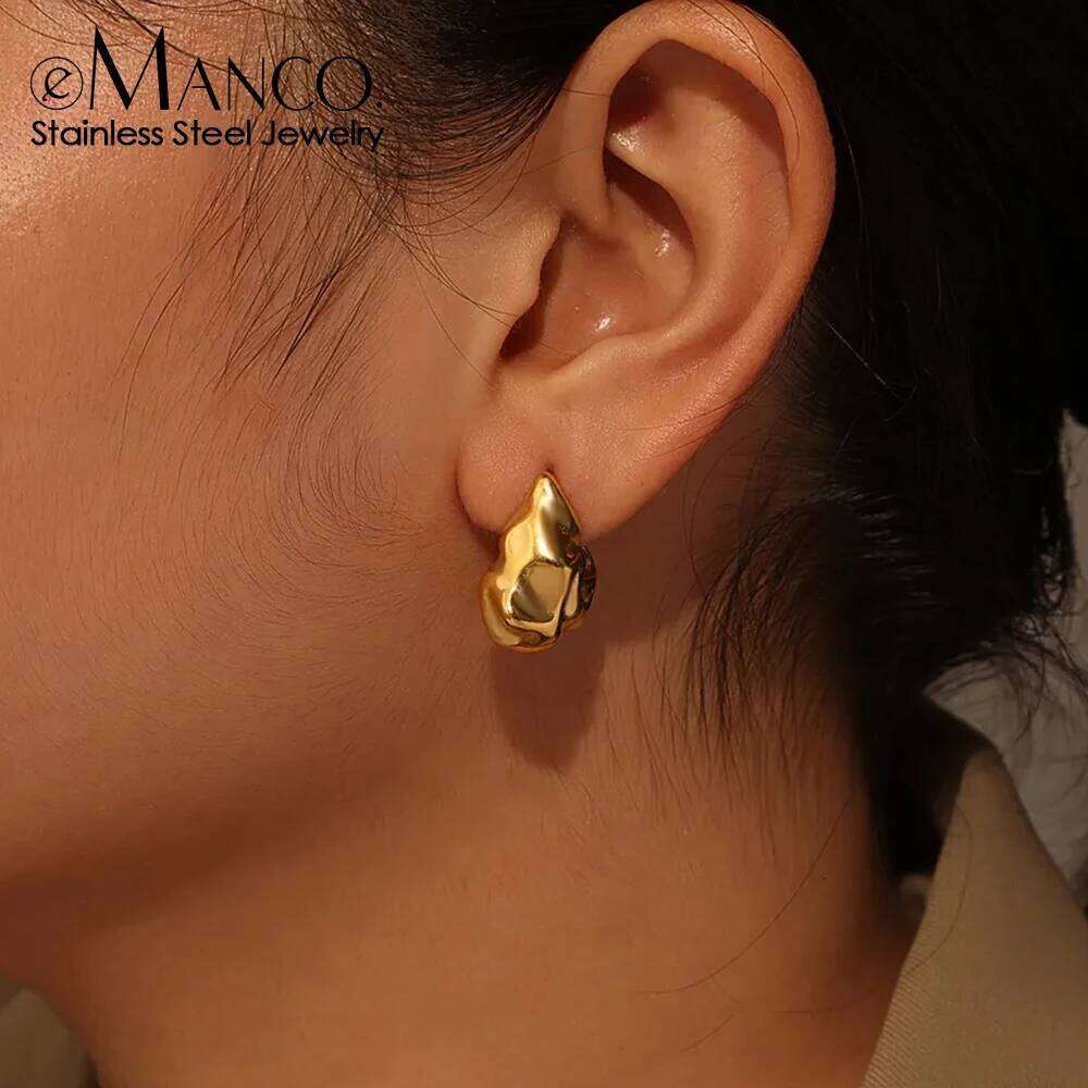 eManco 18K Gold Plated Fashion Light Luxury Stainless Steel Irregular Lava Fold Texture D-Shaped Earrings Women Jewelry