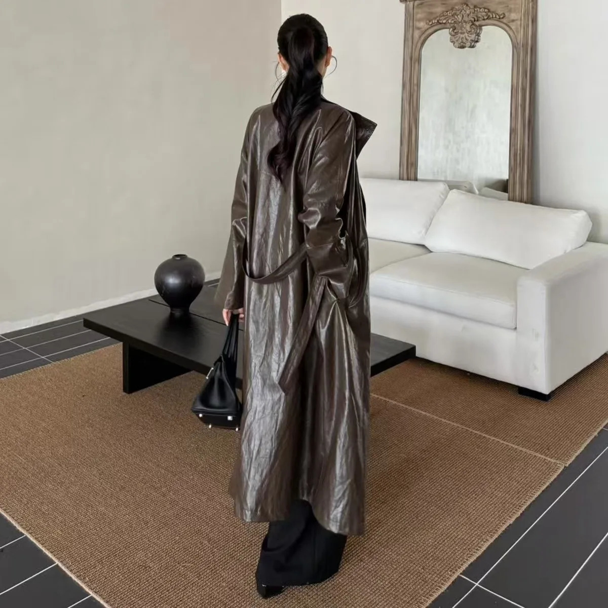 BJTZ PU Leather Belt Waist Midlength Loose Fit Windbreaker Jacket For Woman 2025 Fashion Office Lady Lapel Female Trench 251231