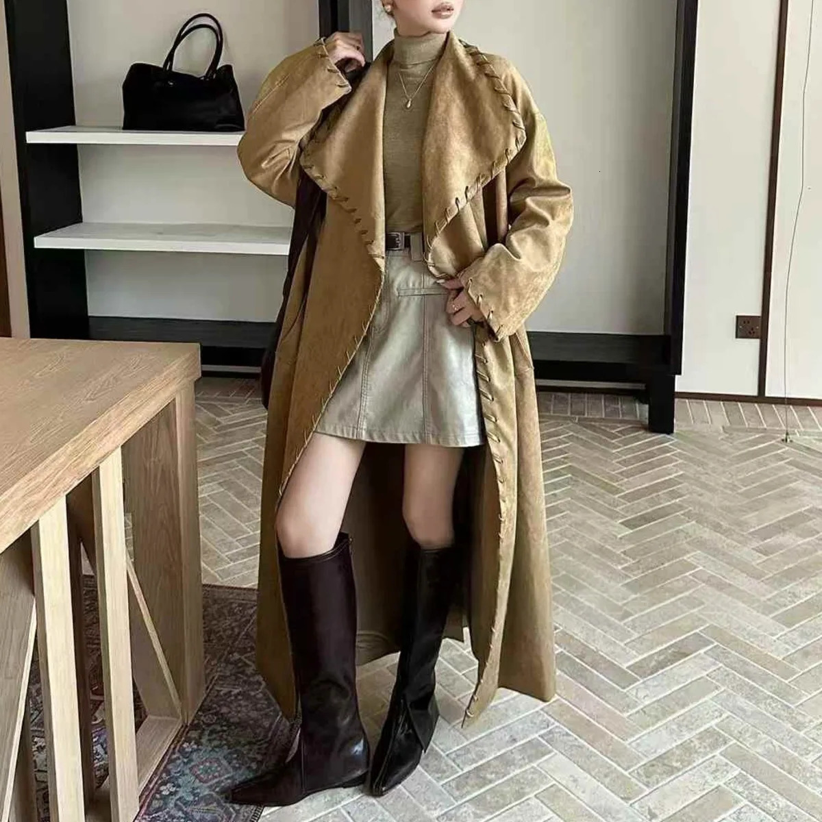BJTZ Fashion Vintage Trench Coat For Woman 2025 Autumn Laceup Tiewaist Big Lapel Loose Fit Windbreaker 251231
