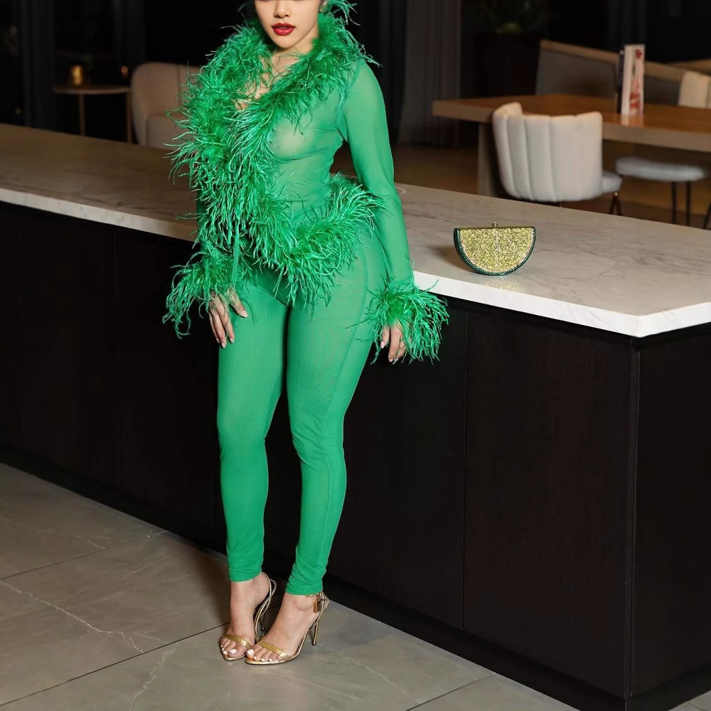 2025 Feather Patchwork Suit Fashion Casual Womens Sets Long Sleeve Tops and Pants Sexy Pink Elastic Two 2 Piece Set Outfits 251022