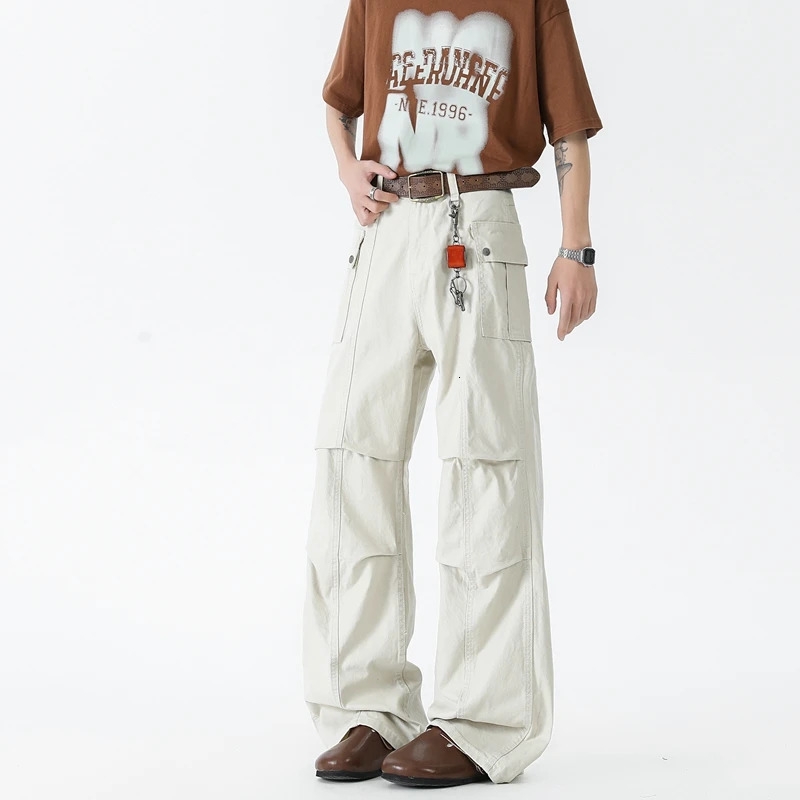 Japanese Streetwear Multi Pocket Cargo black white jeans Men Harajuku denim Casual Work Pants Baggy man Y2K Hip Hop High Street 251226
