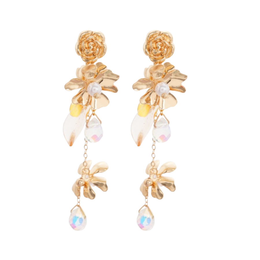 Silver needle golden flower pearl tassel earrings, European and American retro ear studs, light luxury high-end ear jewelry, designer niche style